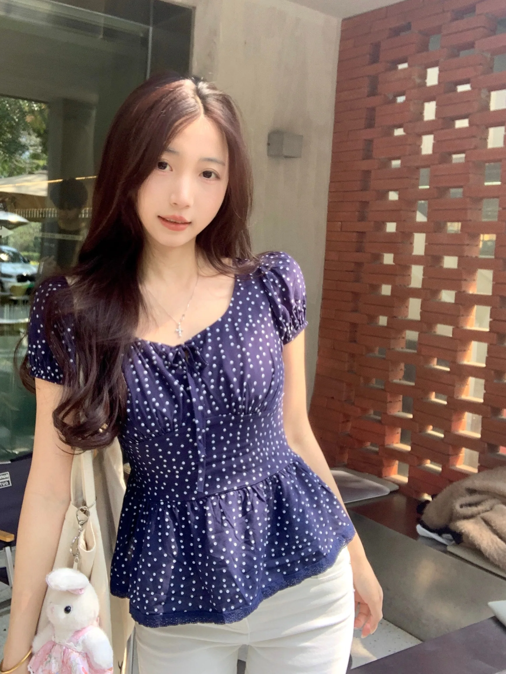 

plus Size Women's Sweet Polka Dot Ruffle ort Sve irt Summer New Sle Waist Cinching Bal Top Korean Sle Bubble ...