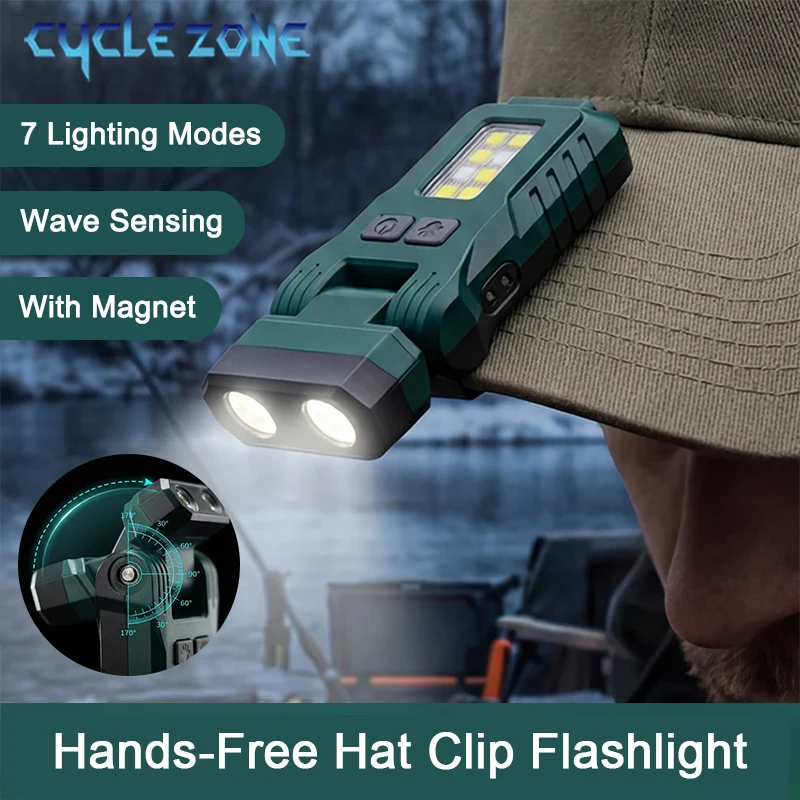 LED Hat Clip Light 7 Modes Motion Sensor Hands-Free Flash Lamp with Magnetic Rechargeable Work Light for Fishing Camping Cycling