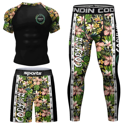 Imagen 2 del producto Ropa Deportiva de natación para hombre, traje de manga larga Rashguard + Pantalones cortos, protección solar Uv, camisetas de surf, ropa de playa con estampado de flores
