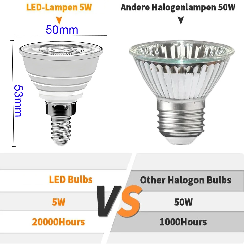 20er-Pack E14 LED-Glühbirne 5W Warmweiß 3000K 50W Halogen-Ersatz 500lm 38º Abstrahlwinkel Strahler Kleiner Schraubsockel Nicht dimmbar – Detail 3