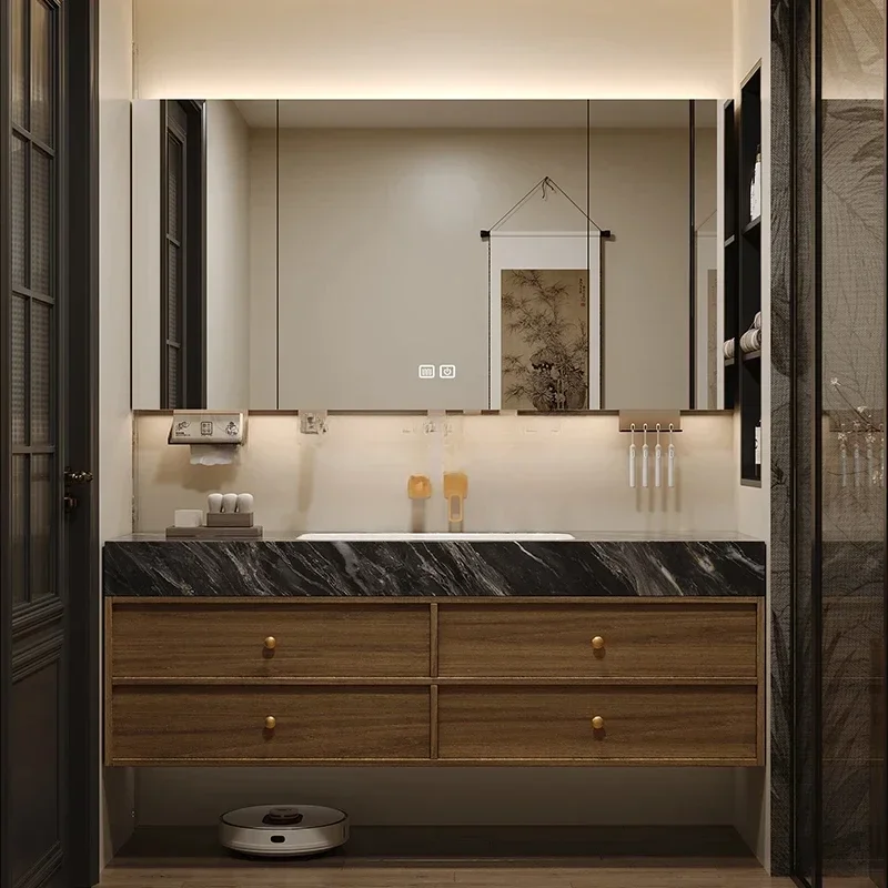 Medieval style bathroom cabinet combination luxury stone seamless ceramic basin washstand hand washbasin cabinet