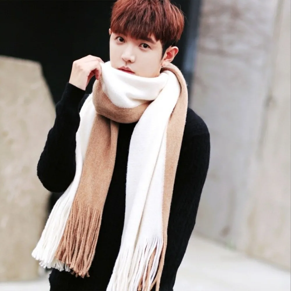 

Korean Style Women Cashmere Scarf Thickened Windproof Long Wool Tassel Scarf Soft Splicing Color Winter Neckerchief Girls