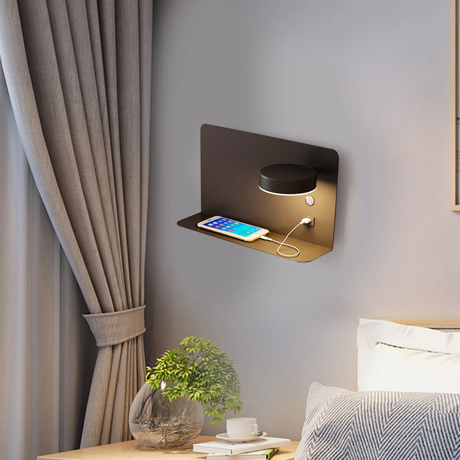 

Modern Minimalist Button Switch Wall Lamp USB Charging Rotatable Lamp Head Indoor Bedside Bedroom Lighting