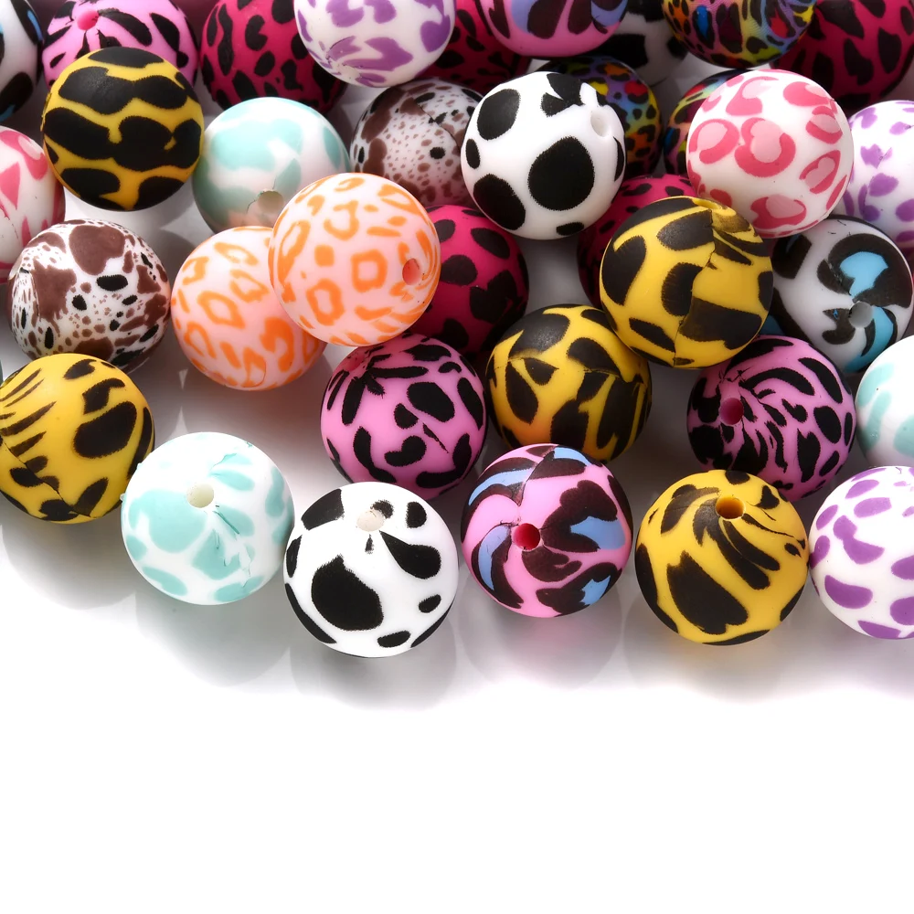 10Pcs 15Mm Silicone Leopard Print Dot Printed Beads Vibrant Focal Beads Craft Bulk for Diy Bracelet Keychain Bag Pendant Making