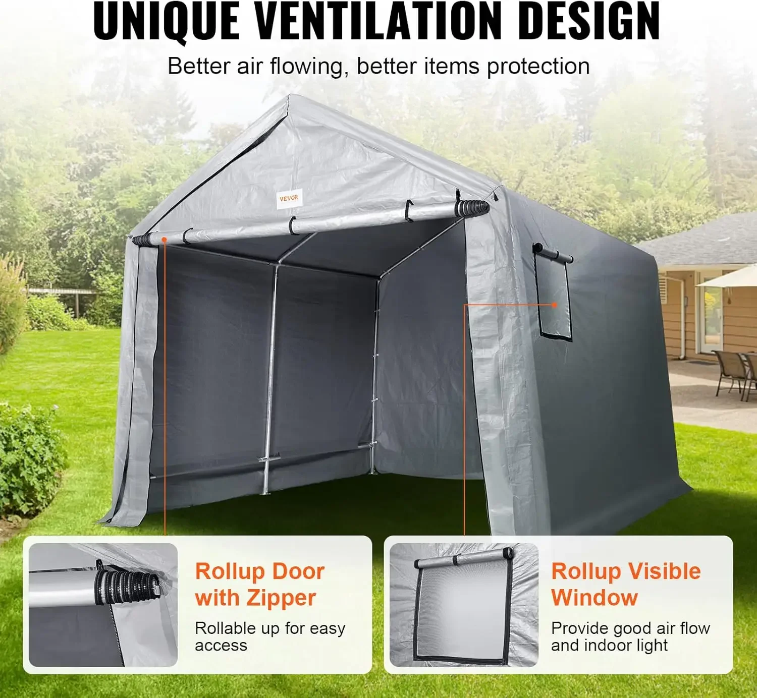 6x8x7 ft Heavy Duty Instant Waterproof Storage Tent Sheds with Roll-up Zipper Door and Ventilated Windows for Motorcycle