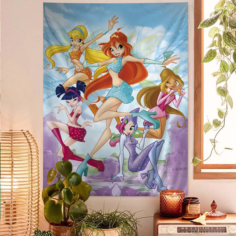 GirlS Cartoon W-Winx Printed Large Wall Tapestry Wall Hanging Decoration Household Decor Blanket