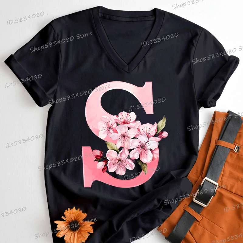 Pink Sakura Alphabet Shirts Gift for Women Letter S Floral Monogram Cartoon T-shirt Cherry Blossom Letters A B C D Casual Tops