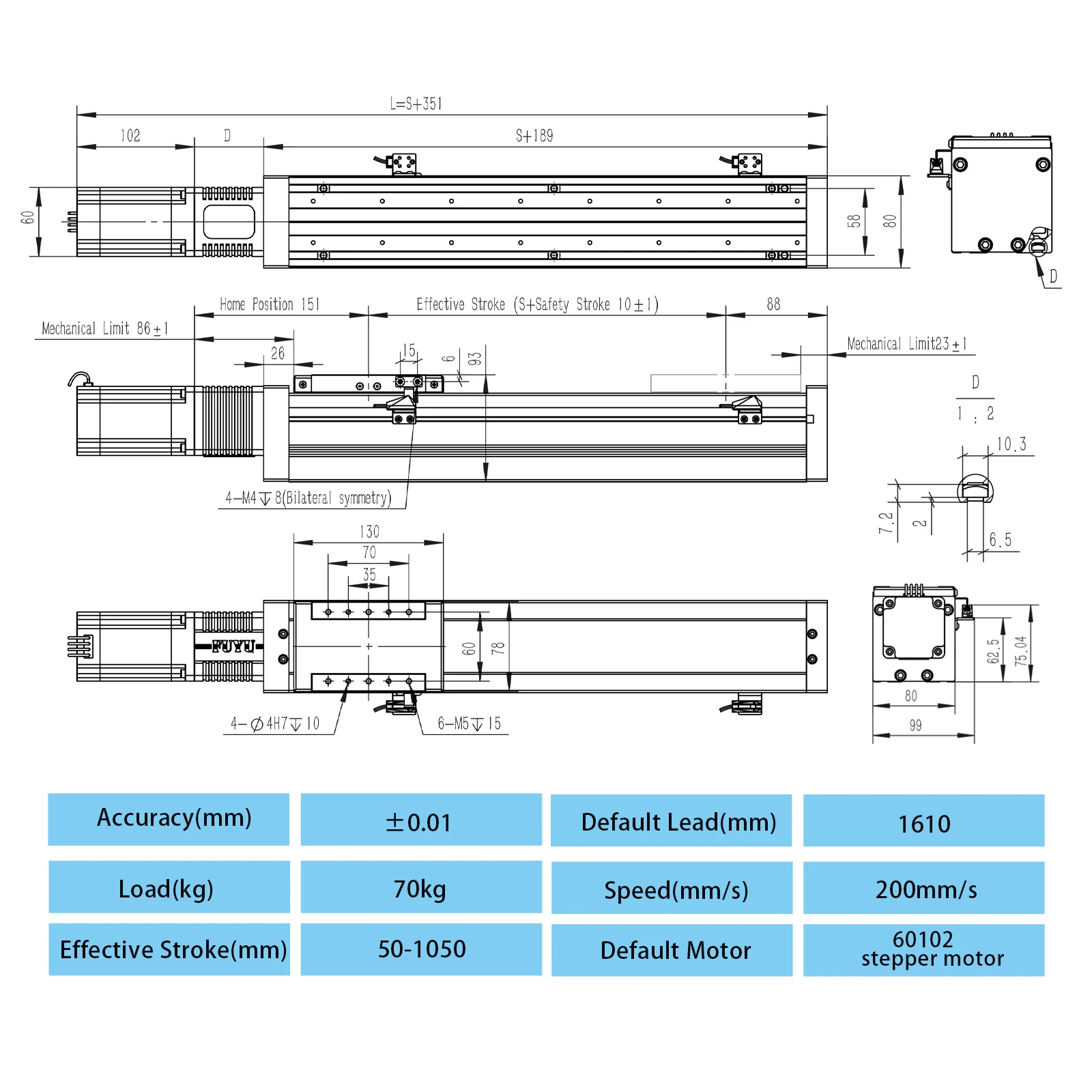 Dustproof Ball Screw Linear Motion Guide With Motor Aluminum Construction 70kg Load Capacity For Z Axis Robot Arm