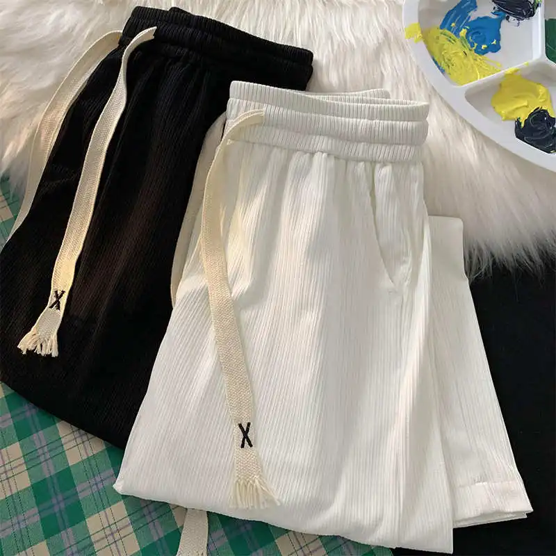 

Белые широкие брюки из ледяного шелка, мужские летние тонкие брендовые прямые свободные повседневные брюки, драпированные брюки длиной до пола