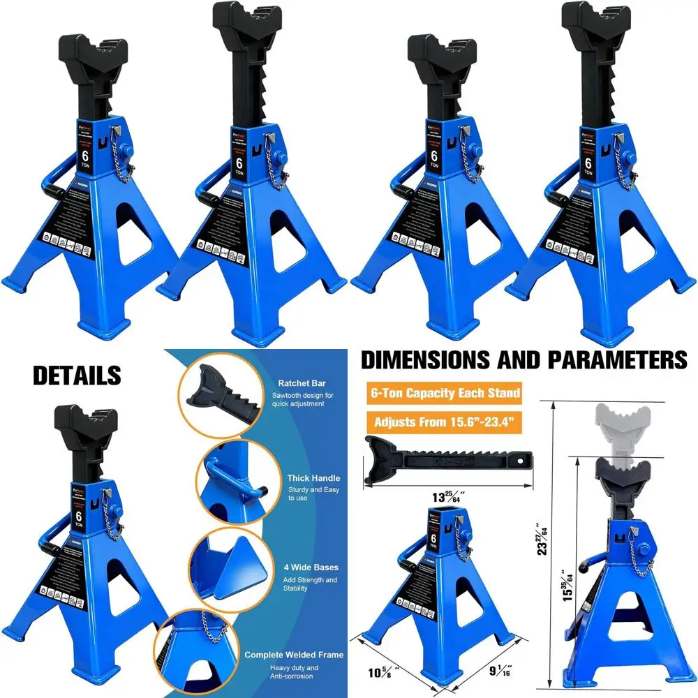 

Heavy-Duty 6 Ton Jack Stands, 13,200 LB Capacity, Double Pin Lock, Adjustable 15.6-23.4, Blue Pair for Vehicle Lifting