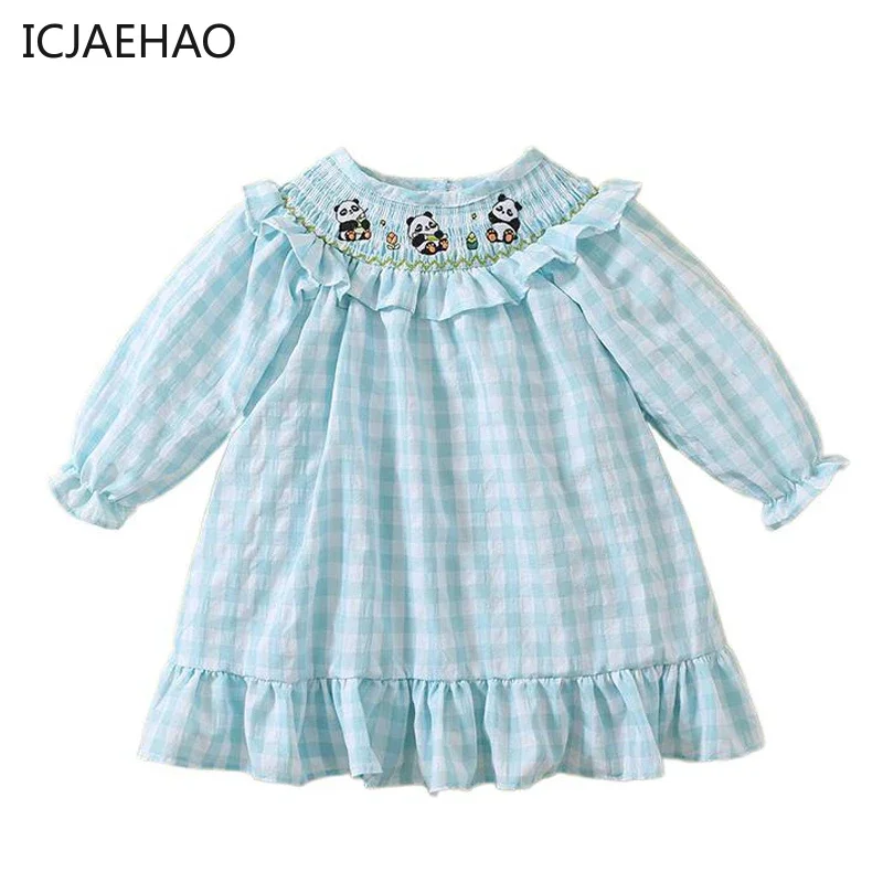 

2024 Kids Girl Plaid Dress for Children Boutique Cartoon Panda Handmade Embroidery Smocked Collar Clothes Matching Spring Autumn