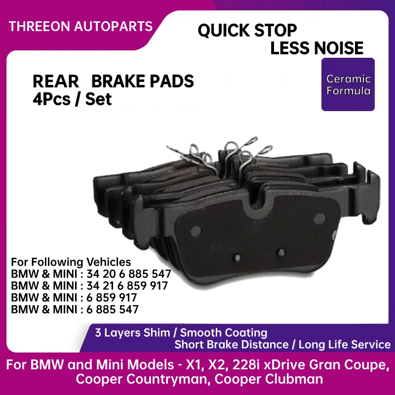 

THREEON Rear Brake Pads For BMW and Mini Models - X1, X2, 228i xDrive Gran Coupe, Cooper Countryman, Cooper Clubman