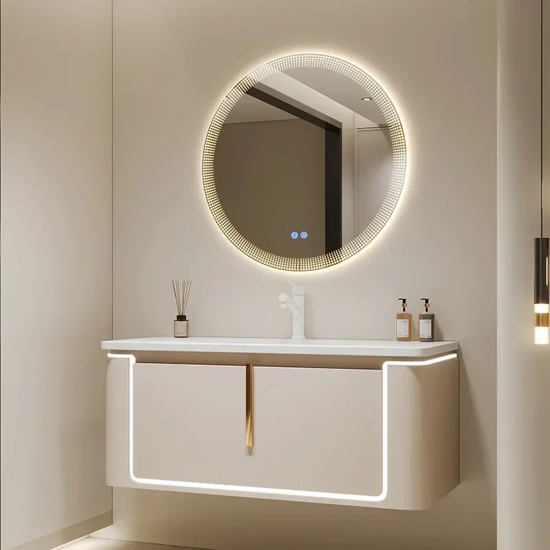 Modern Bathroom Cabinets with Skin Sink Intelligent Circular Mirror Bathroom Washbasin Cabinet Vanity Home Bathroom Furniture