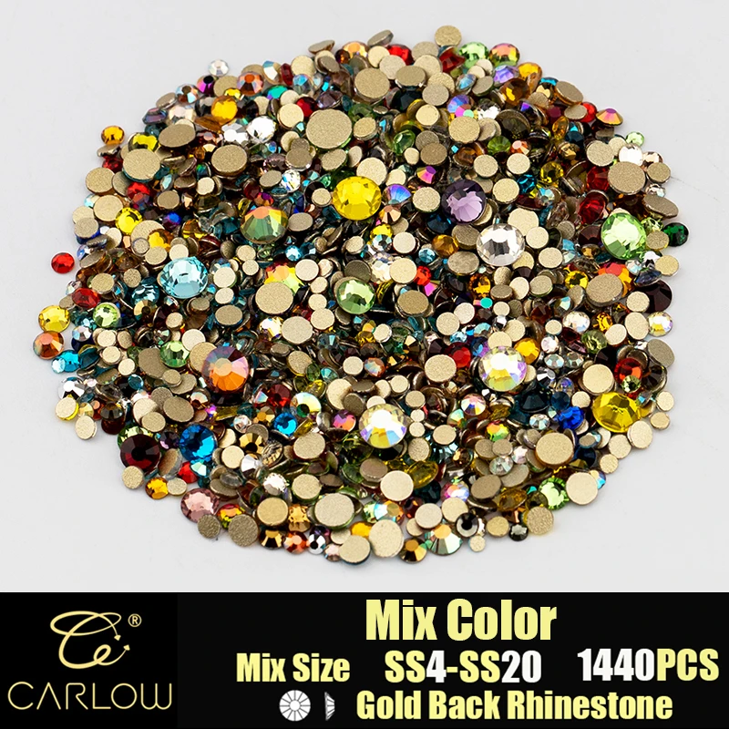 CARLOW Mix Size SS4-SS20 1440pcs High Quality Flat Back Rhinestone Mix Color Gold Back Stones Crafts Nail Art Decoration JD-047