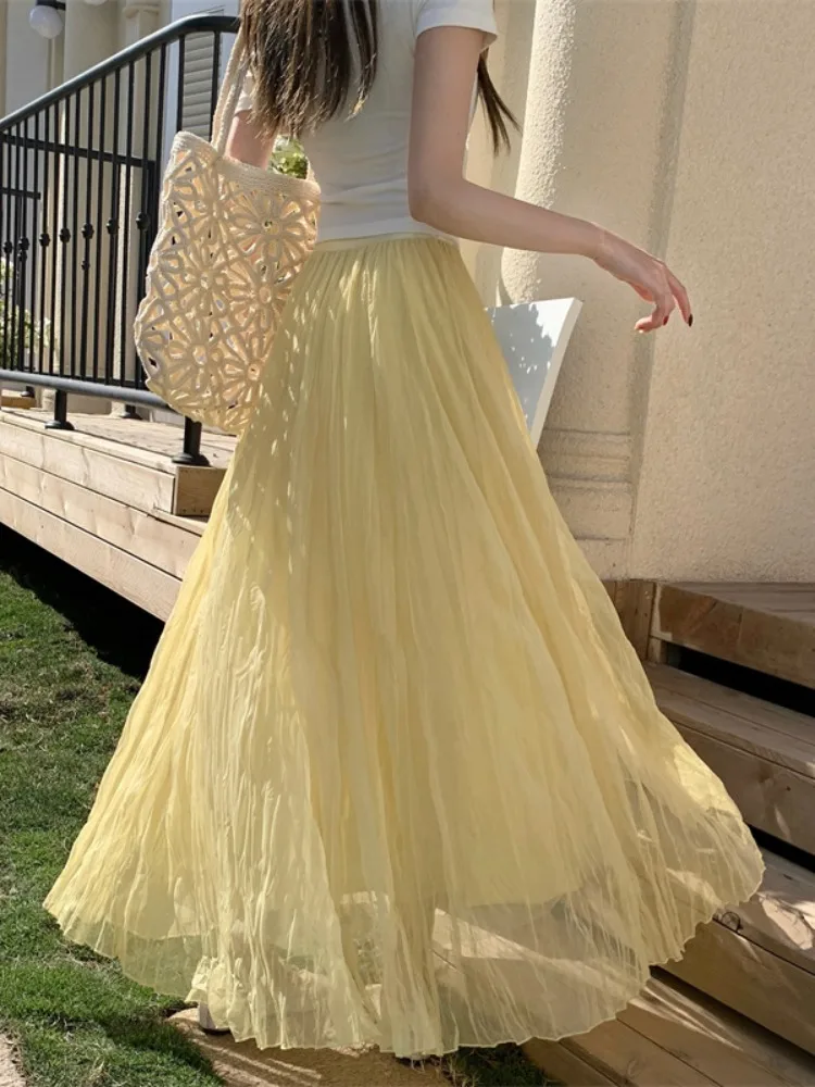 Yellow Sweet Fairy A-Line  Skirt Spring Summer Pleated Slimming Mesh Long Skirt Women's Citywalk Folded Hemline Midi Skirt