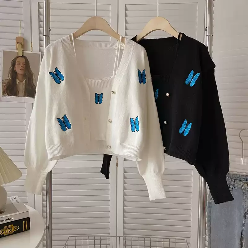 Vintage Butterfly kardigan bordir Sweater musim semi musim gugur Korea mantel serbaguna Tank Top lengan panjang rajutan dua potong Set