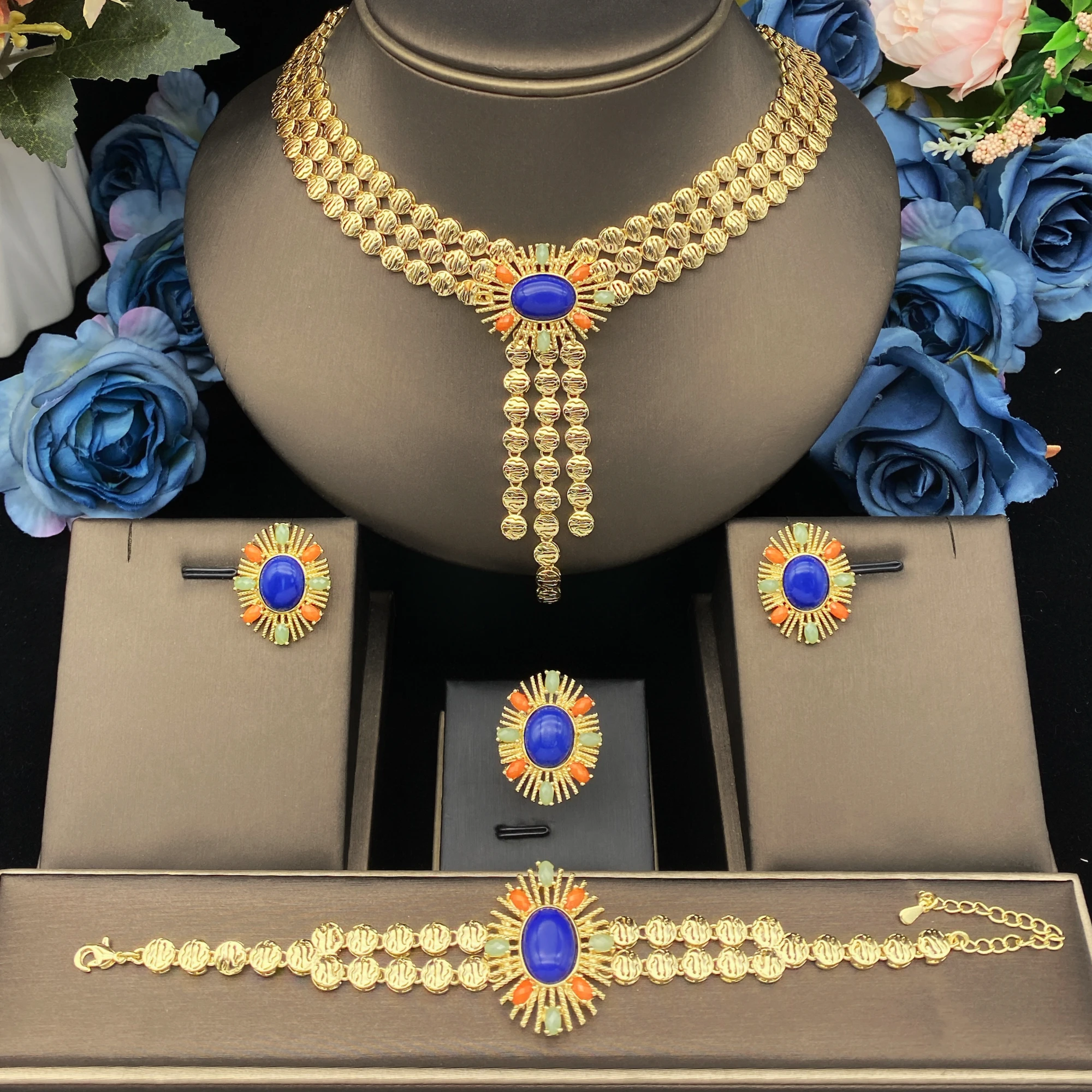 JRH Luxury Women's Jewelry Set 18K Gold Plated Necklace Earrings Ring Bracelets Colorful Treasure Jewelry Set Banquet Party Gift