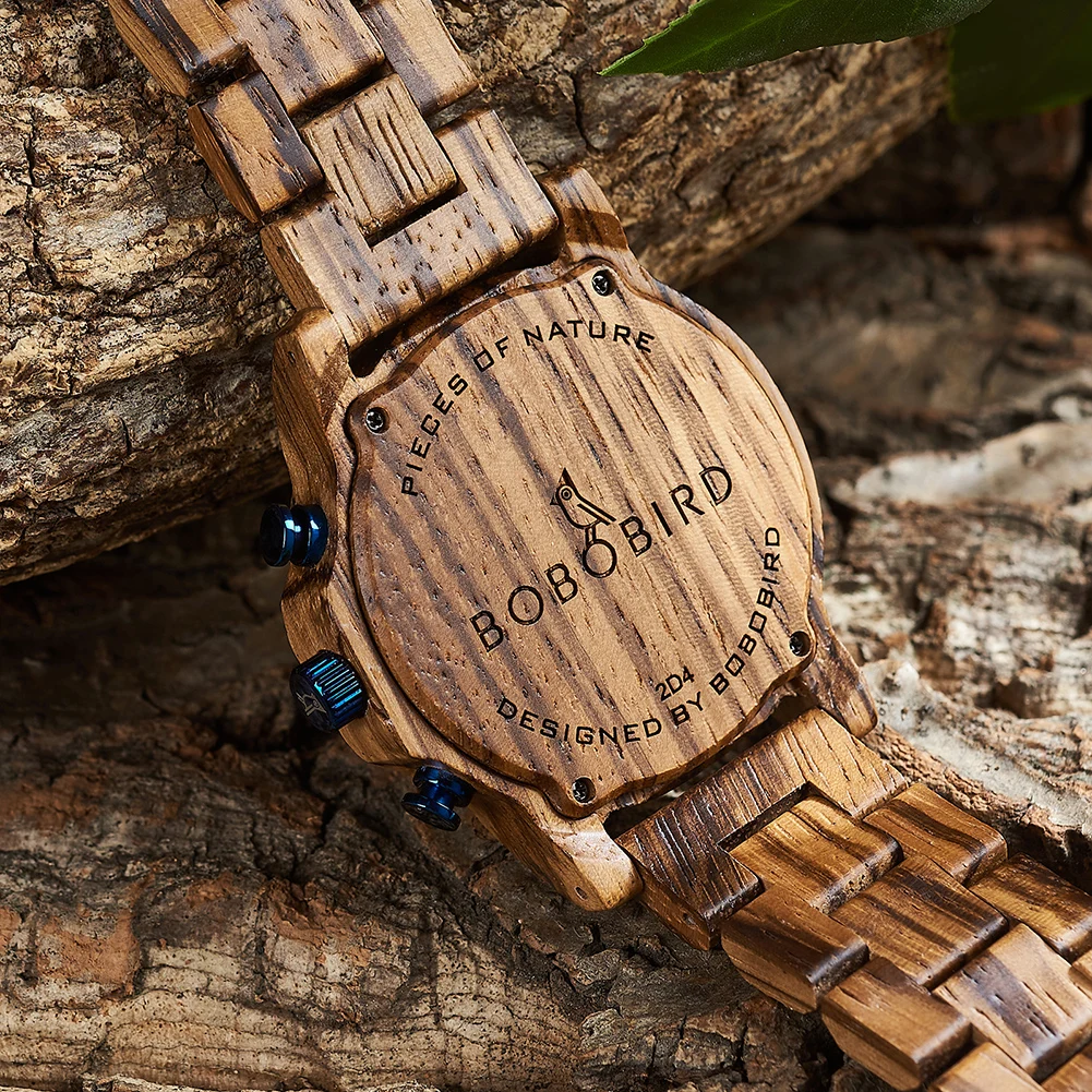 BOBO BIRD Mens Wooden Watches Walnut Wood Watch Blue Wristwatch Chronograph Luminous Hands Date Display Anniversary Gift