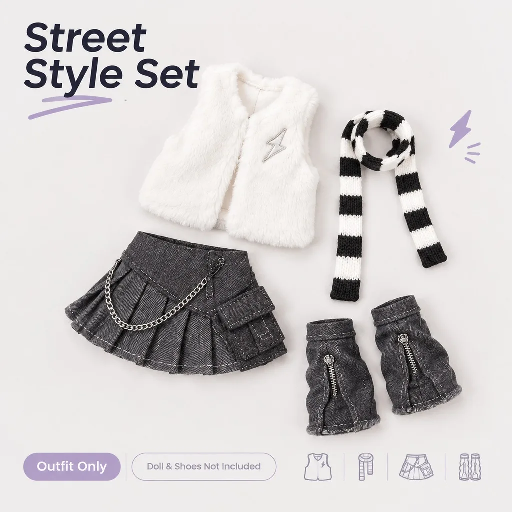 BJD Doll Clothes Cute Street Style Faux Fur Vest, Gray Pleated Skirt, Striped Scarf & Leg Warmers Outfit, Doll Not Included - view 5