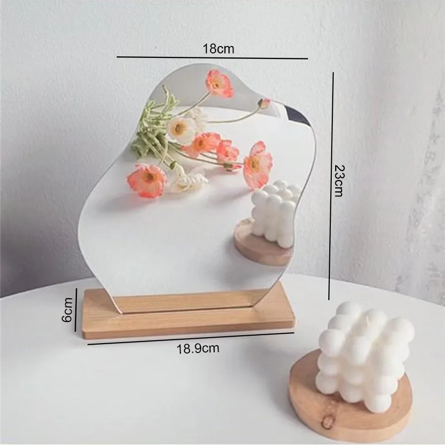 Espelho De Maquiagem Acrílico Irregular Simples, Espelhos De Pé, Base De Madeira, Decoração De Desktop De Casa