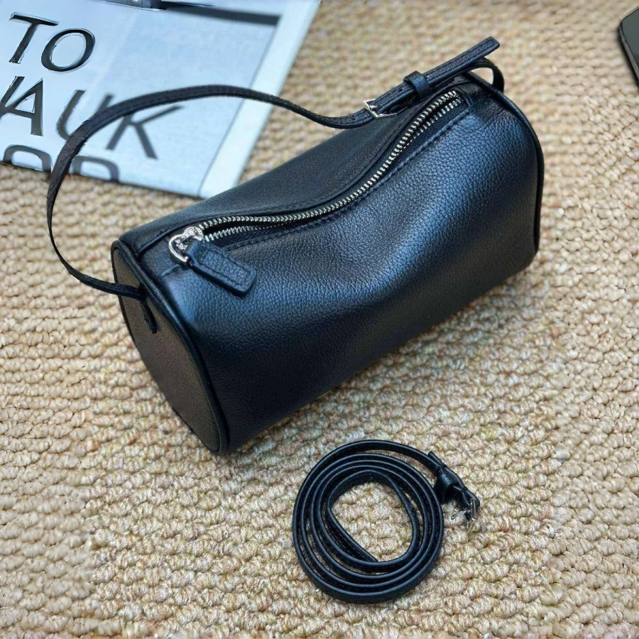 Women Cylinder Shoulder Bag Genuine Cowhide Outer Sheepskin Lining Mini Barrel Handbag Crossbody Strap Zipper Daily Small Purse
