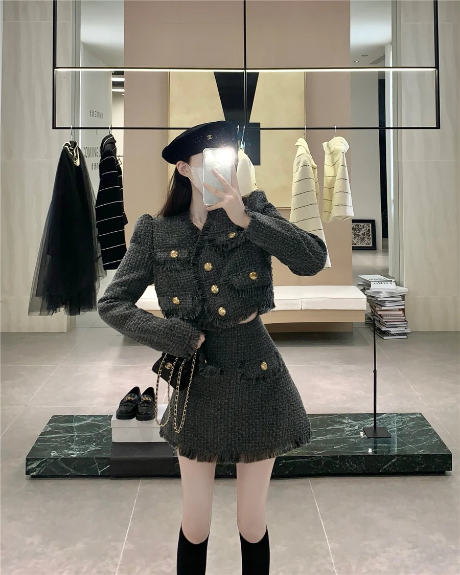 New Autumn Temperament Korean Fashion Small Fragrance Tweed Long Sleeve V Neck Jacket + High Waist A Line Skirt Two Piece Set