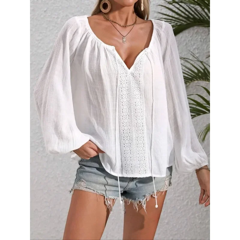 

Большие размеры 1XL-5XL, новые женские модные однотонные рубашки с длинными рукавами, женская винтажная кружевная женская одежда в отпускном стиле