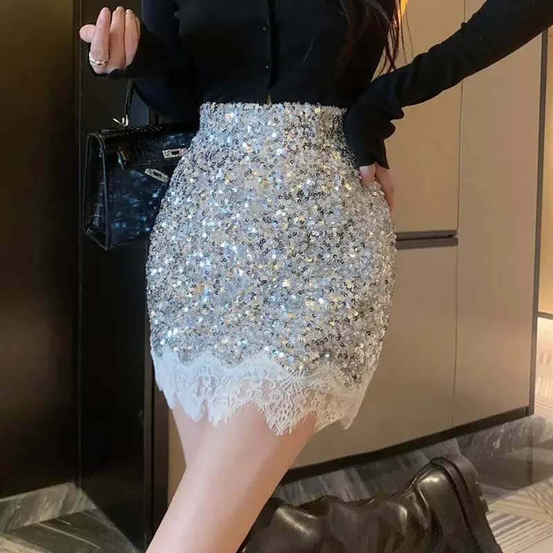

High Waist Short Mini Lace Woman Skirt Sequin Skirts for Women Midi Clothing Sales Quality Stylish Korean Style Modest Vintage V