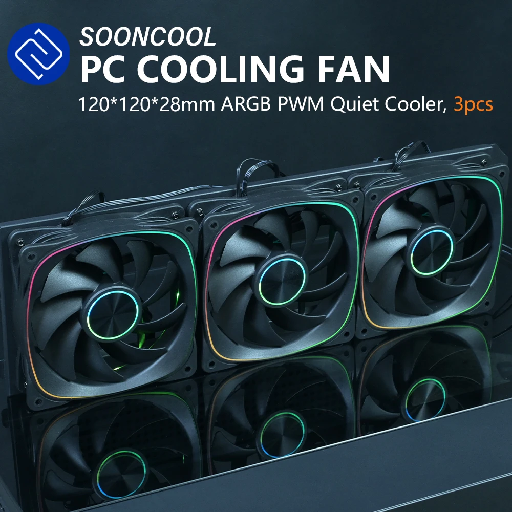 

Вентилятор охлаждения корпуса SOONCOOL для процессора и корпуса 120 мм 5 В 3-контактный ARGB 12 В 4-контактный ШИМ, 2500 об/мин 67CFM 35 дБА 3 шт.