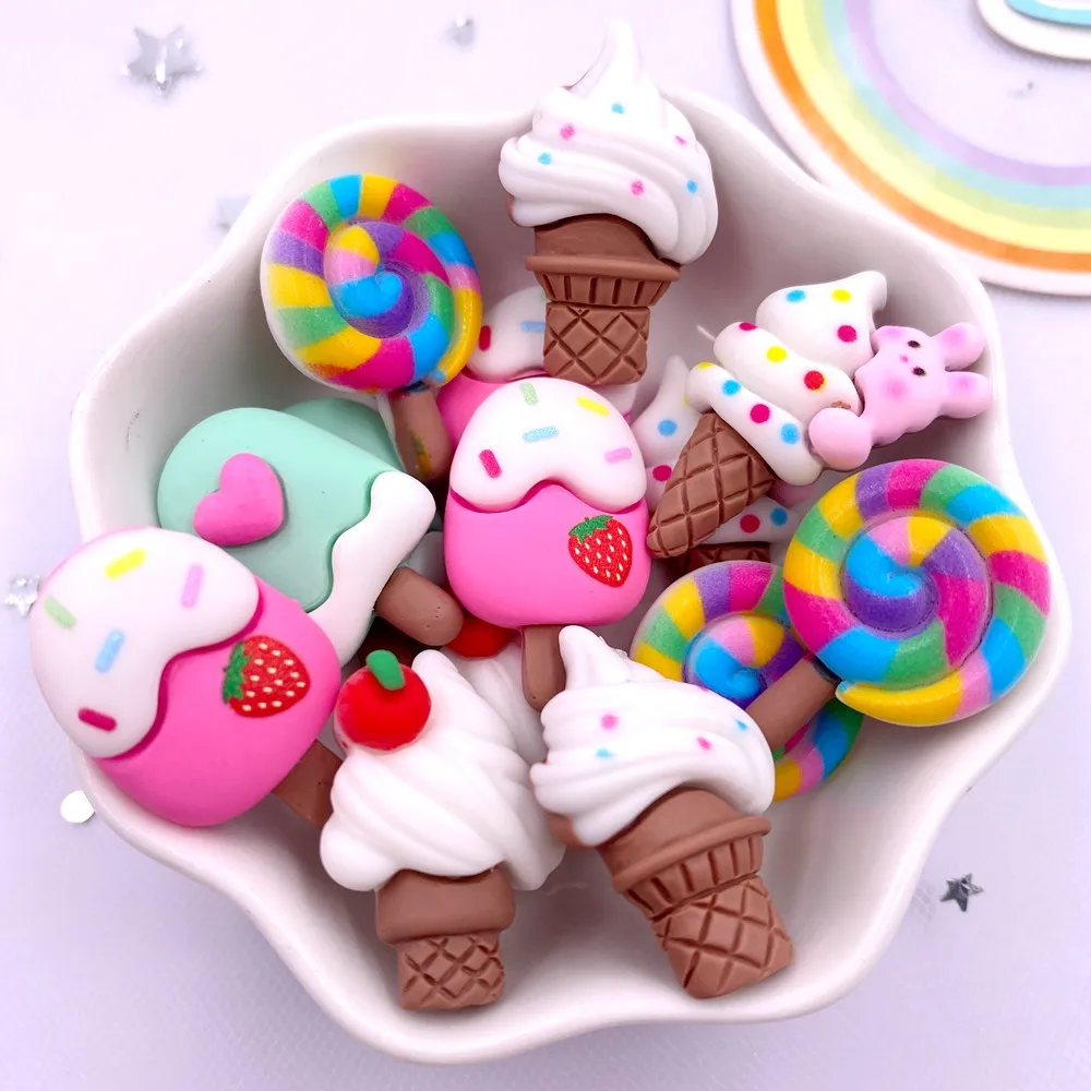 12PCS Resin Colorful Cartoon Rabbit Cherry Cone Ice Cream Lollipop Popsicle Scrapbook Flatback 3D Food Figurine DIY Decor M432 C