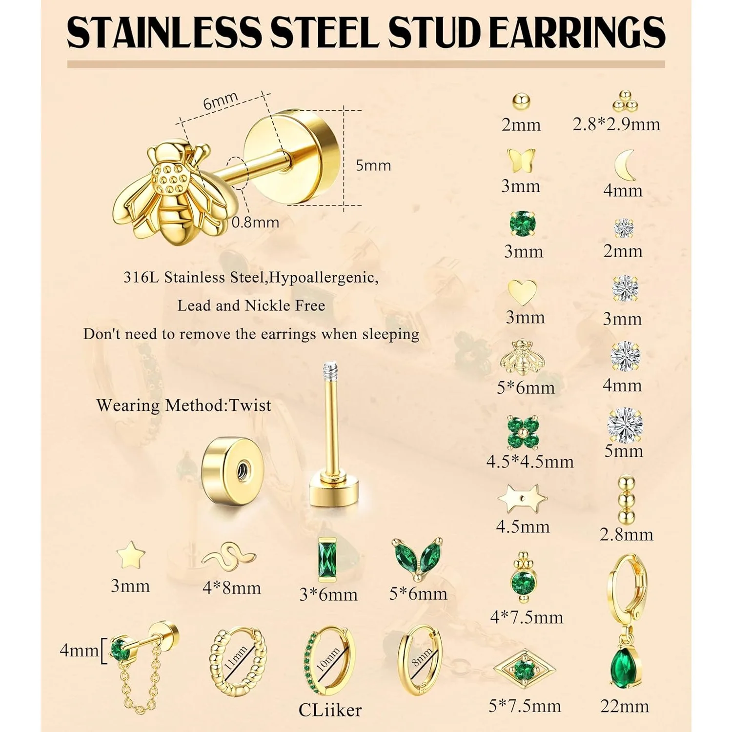 Bobisty 1 قطعة أقراط مسطحة الظهر للنساء هيبوالرجينيك الجراحية الصلب أقراط للآذان الحساسة 20 جرام الغضروف مسمار صغير هوب #4