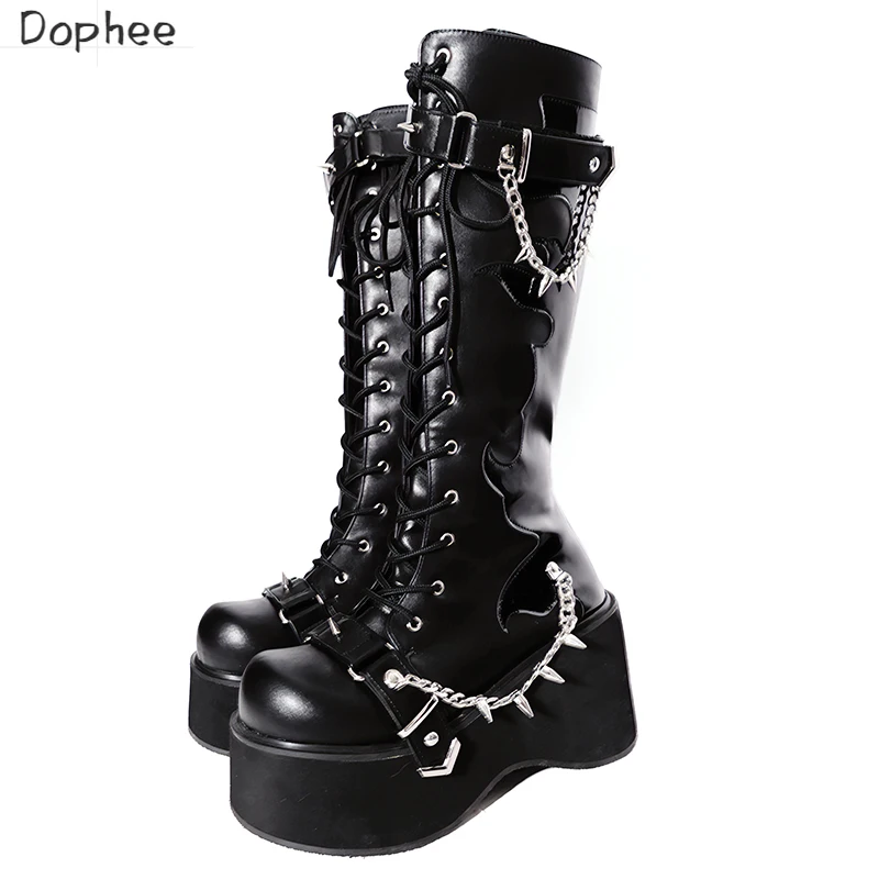 

Dophee Original Women's Martin Boots Punk Rivet Chain Round Head Thick Soled Knight Boots Subculture Y2k Spice Girls High Boots