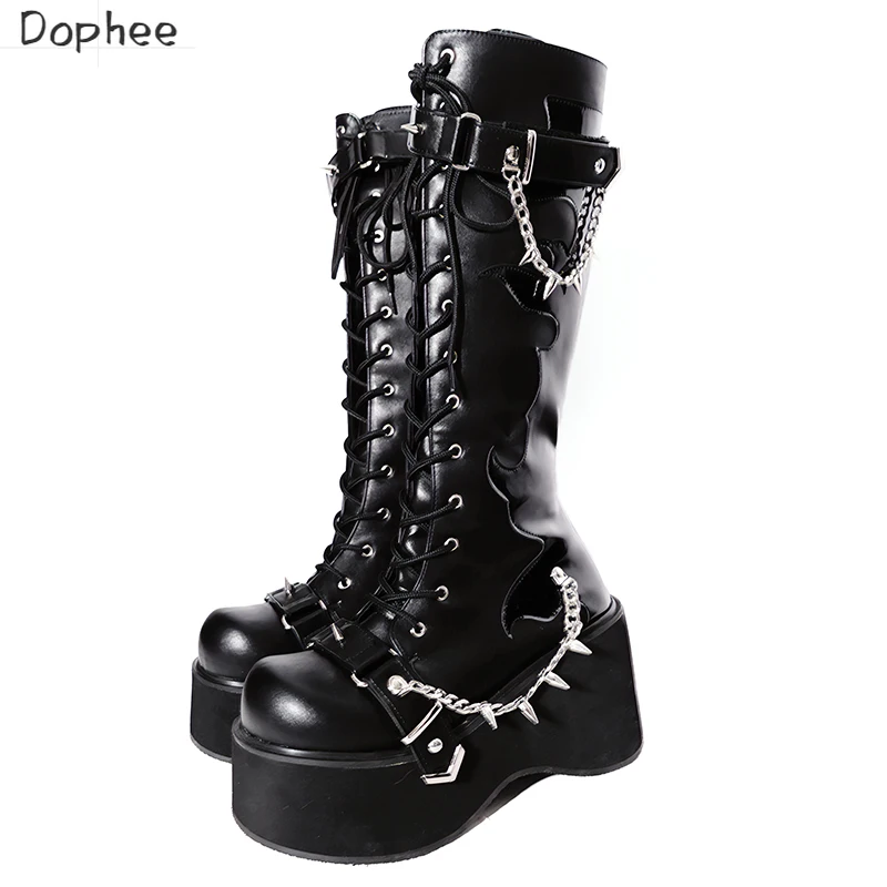 

Dophee Original Women's Boots Punk Rivet Chain Round Head Thick Soled Knight Boots Subculture Y2k Spice Girls High Boots