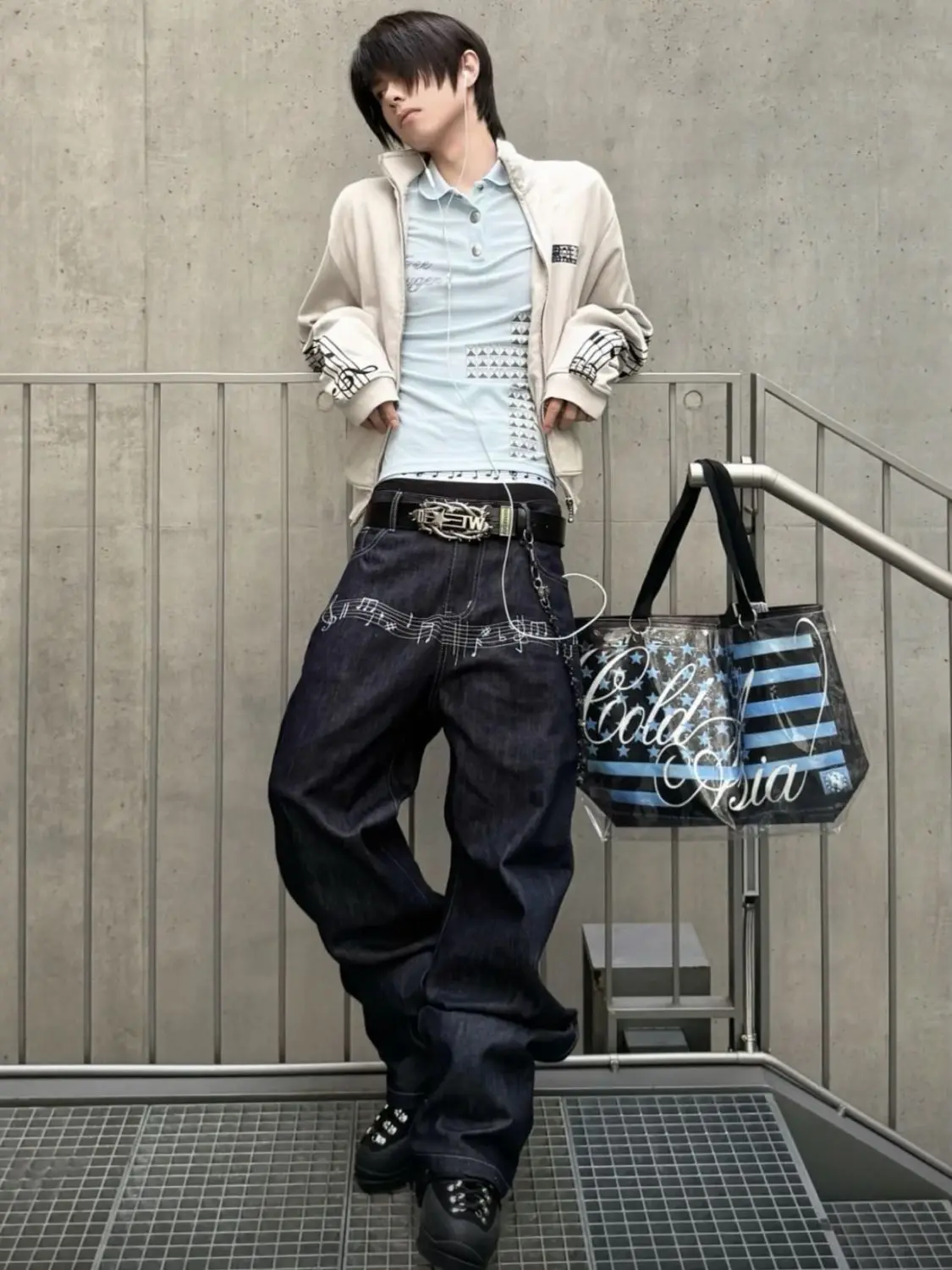 Men's Musical Note Pattern Retro Jeans Summer Streetwear Wide-leg Denim Trousers Bottom High Male Waist Sweatpants Casual Pants