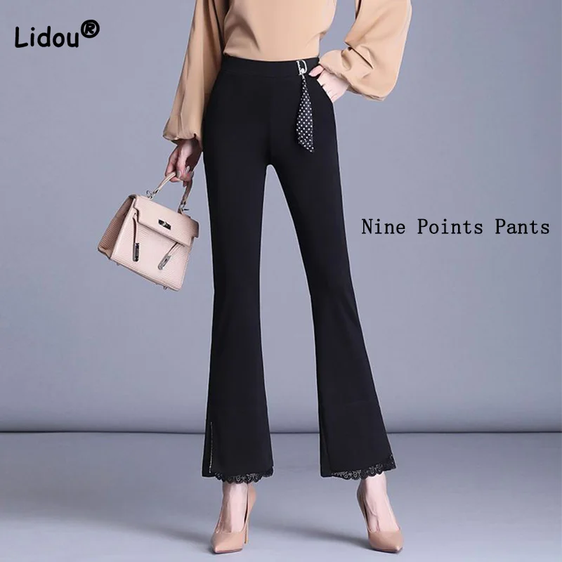 

Spring Summer Office Lady Elastic Higt Waist Appliques Trousers Fashion Pockets Solid Lace Patchwork Nine Points Flare Pants