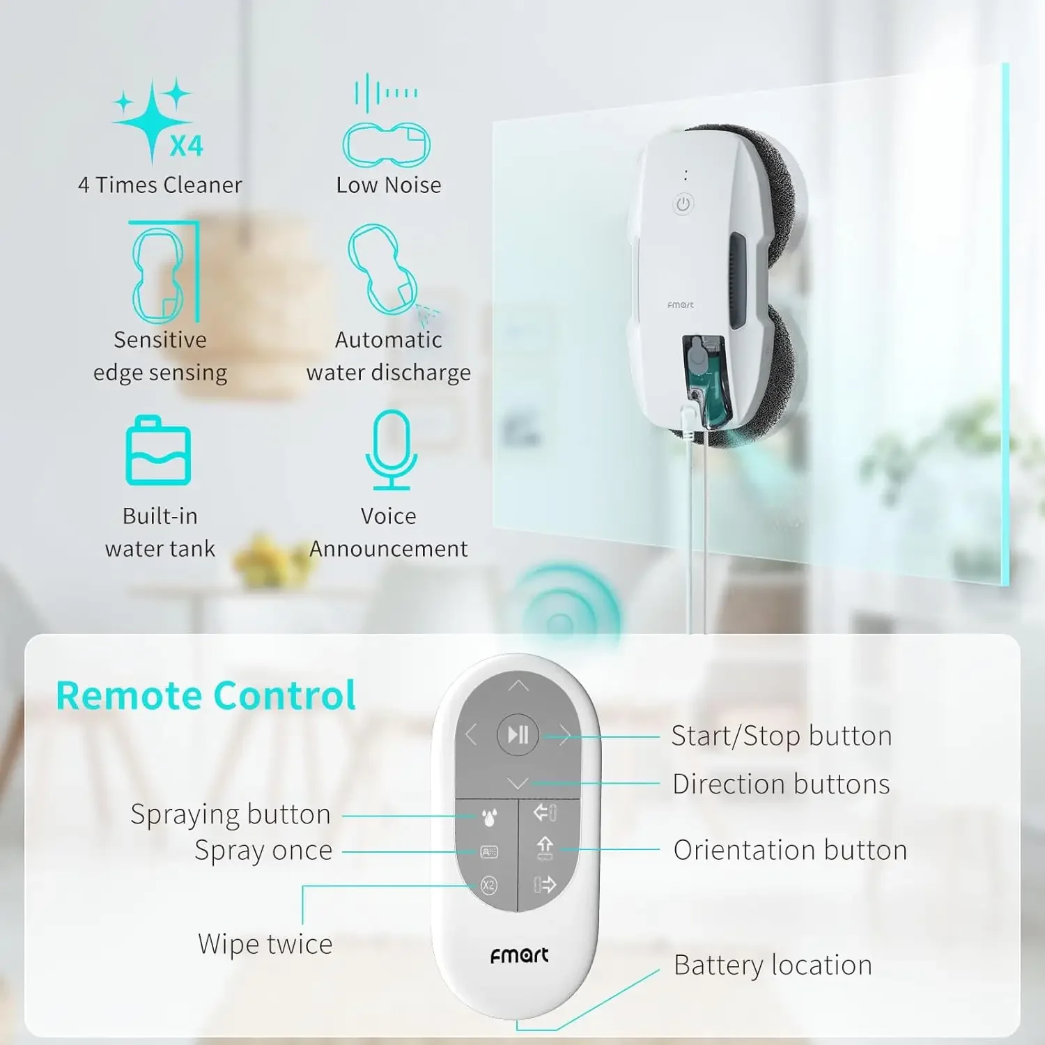 Window Cleaning Robot, Ultrasonic Atomization Intelligent Water Spray, 3800PA Suction Power, AI Intelligent Path Planning, Edge