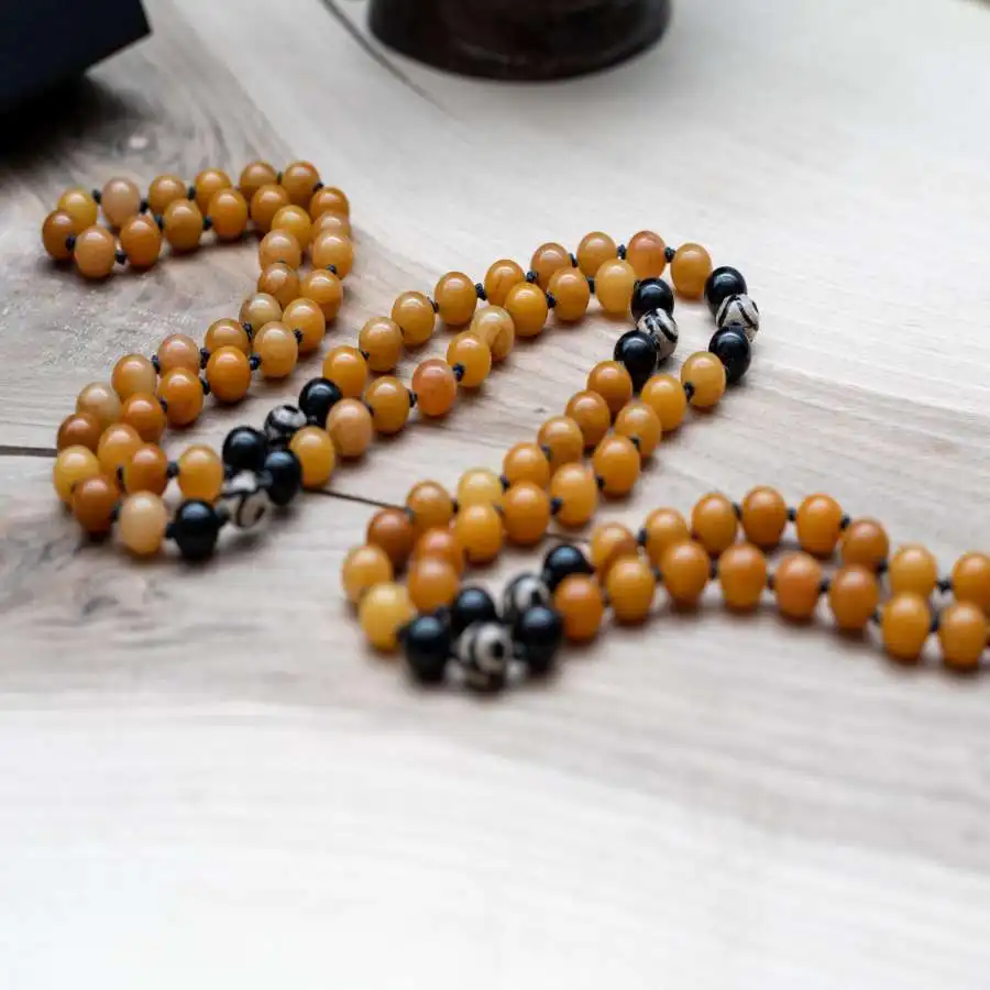 

Natural Yellow Jade & Black Onyx 108 Mala Beads Necklace with Tibetan Dzi Beads Protection & Prosperity Healing Crystal Jewelry