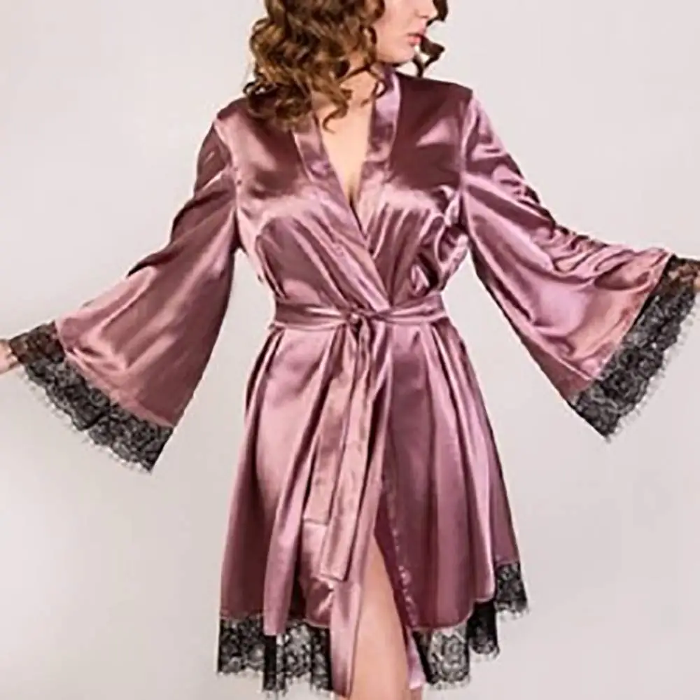 مثير المرأة كيمونو رداء الدانتيل المشذبة الساتان ثوب النوم الزفاف الزفاف ملابس خاصة حزام قابل للتعديل ملابس مريحة