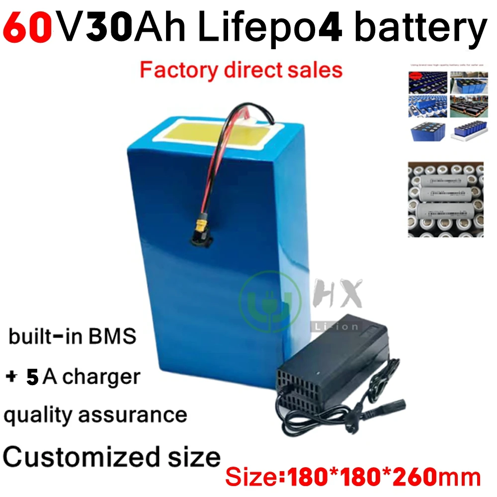 LL-Batterie au lithium LiFePO4 avec BMS, cycle profond, vélo, scooter, tricycle, Go Cart, véhicule, chargeur 5A, 60V, 30Ah, 2500