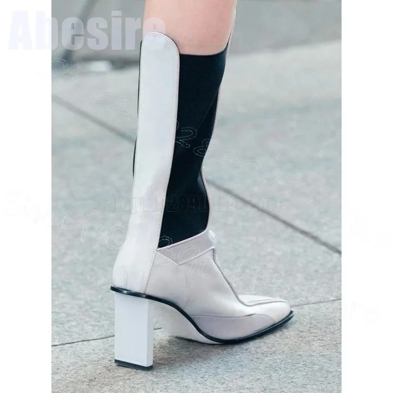 

White Square Toe Black Sole Runway Boots Slip On Women Shoes Chunky High Heels Fashion Party Banquet 2025 Zapatos Para Mujere