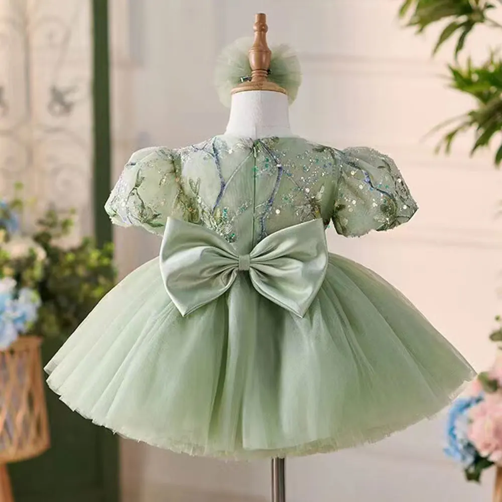 Jill Wish Elegant Sage Green Arab Girl Dress Sequined Dubai Kids Princess Birthday Wedding Party Children Holiday Gown 2024 J264