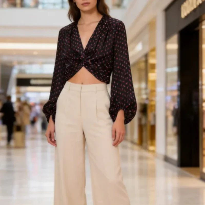 

2026 Spring New Arrival: Chic V-neck Bow Tie Print Top