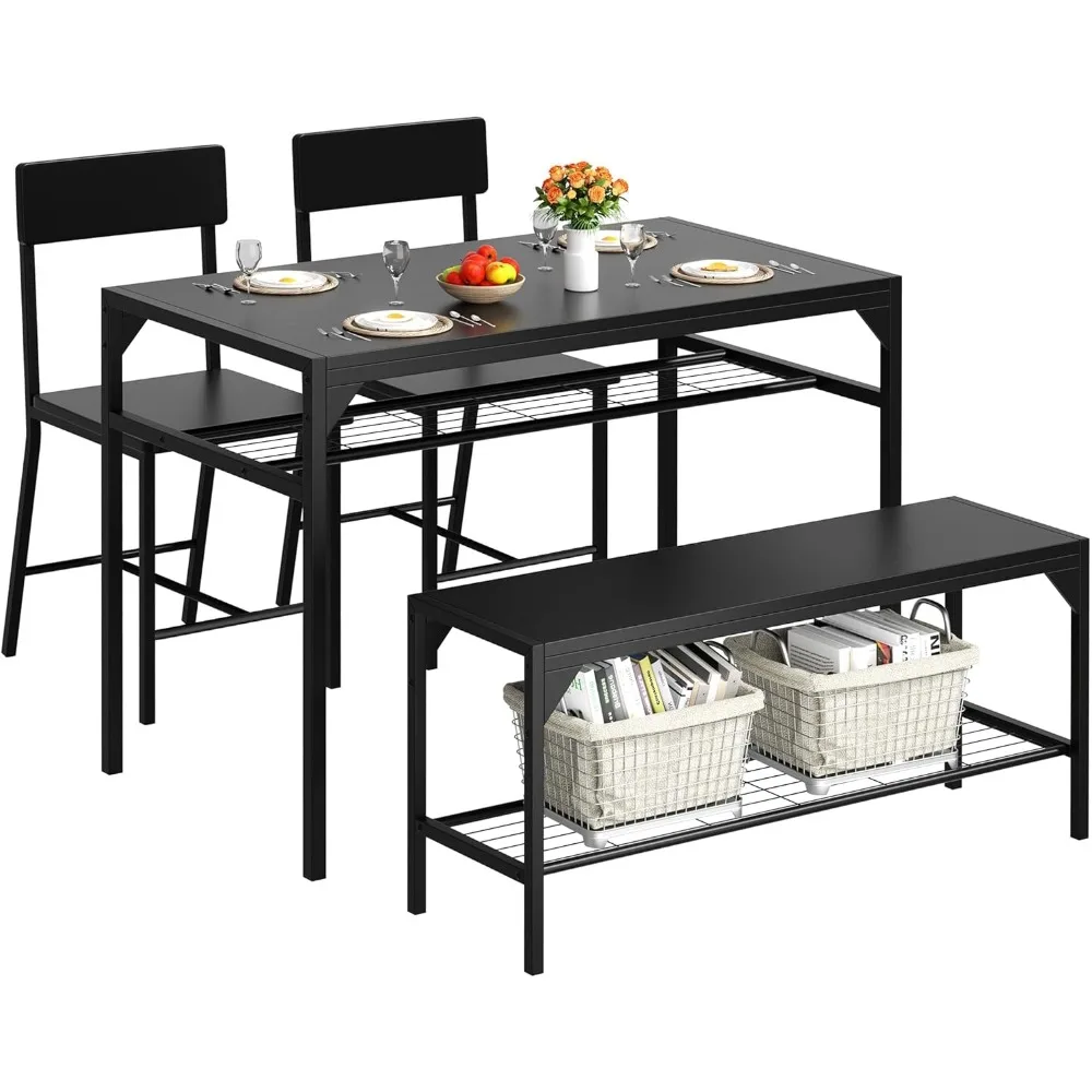 

Kitchen Table Chairs Set of 4, Dining Table Set for 4 with Bench and Chairs, 4 Pieces Kitchen Table Set with Storage Rack & Met