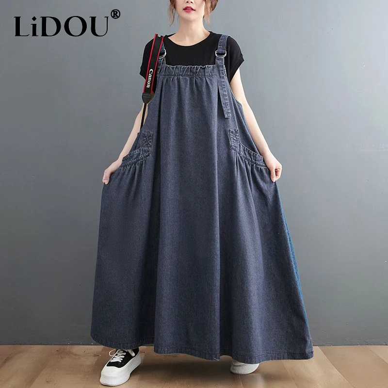 2023 Summer New Solid Color Fashion Slash Neck Sleeveless Cowboy Suspender Dress Women Casual Loose Cotton Youth Slip Dresses