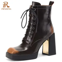 PRXDONG Buty damskie 2024 Nowa marka Retro Jesień Zima Ciepłe buty za kostkę Genuine Leather Brown Lace Up Dress Party Lady Shoes