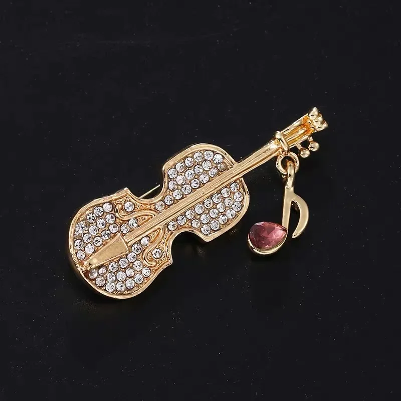Vintage Elegant Violin Rhinestone Brooches for Women Pink Crystal Music Note Charm Luxury Pins Coat Accessories Jewelry Gifts