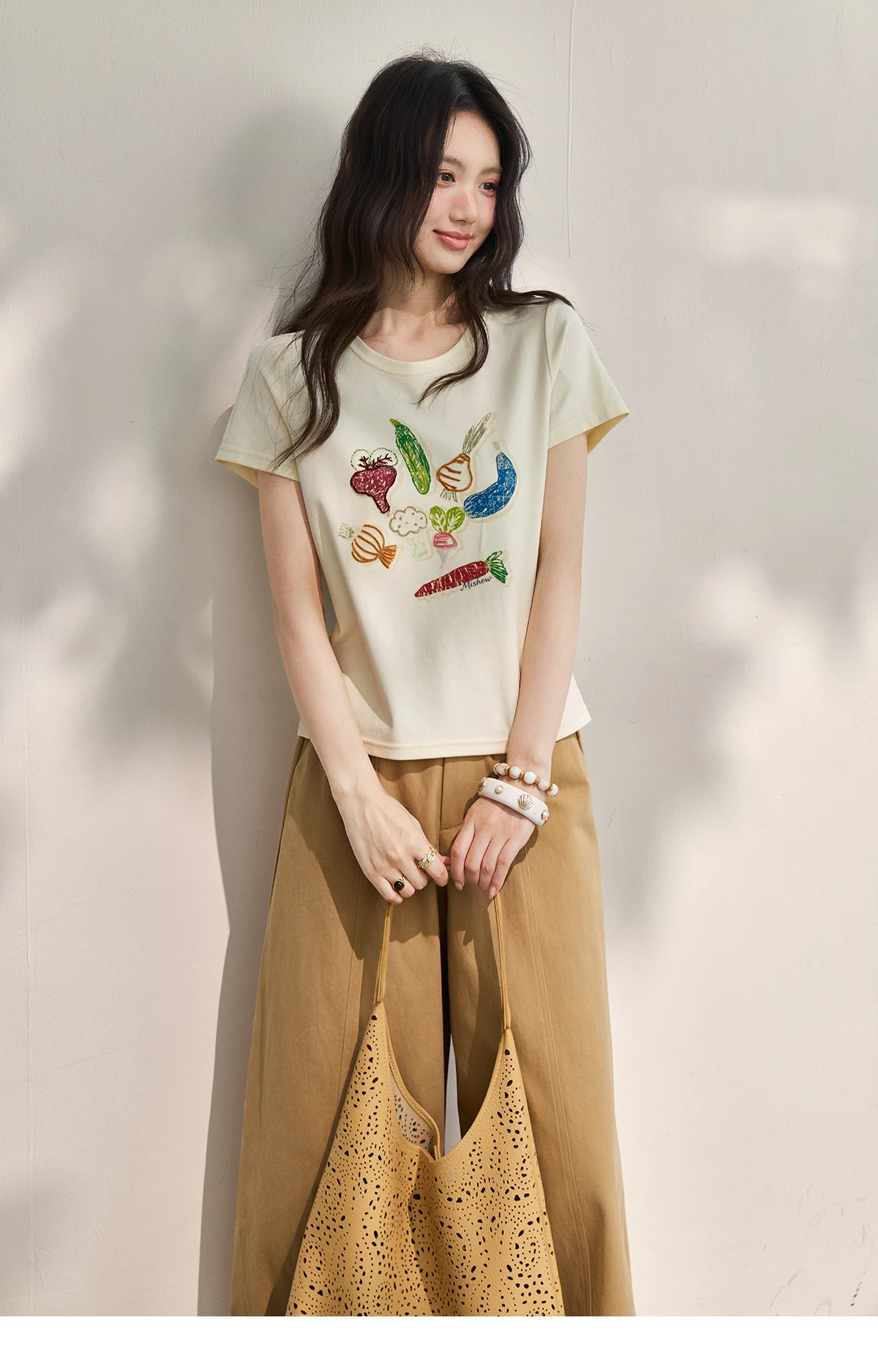 MISHOW Khaki High Waisted Wide Leg Cropped Pants For Women 2026 Summer Lace Trimmed Hem Retro Casual Loose Pants MXF24K1294