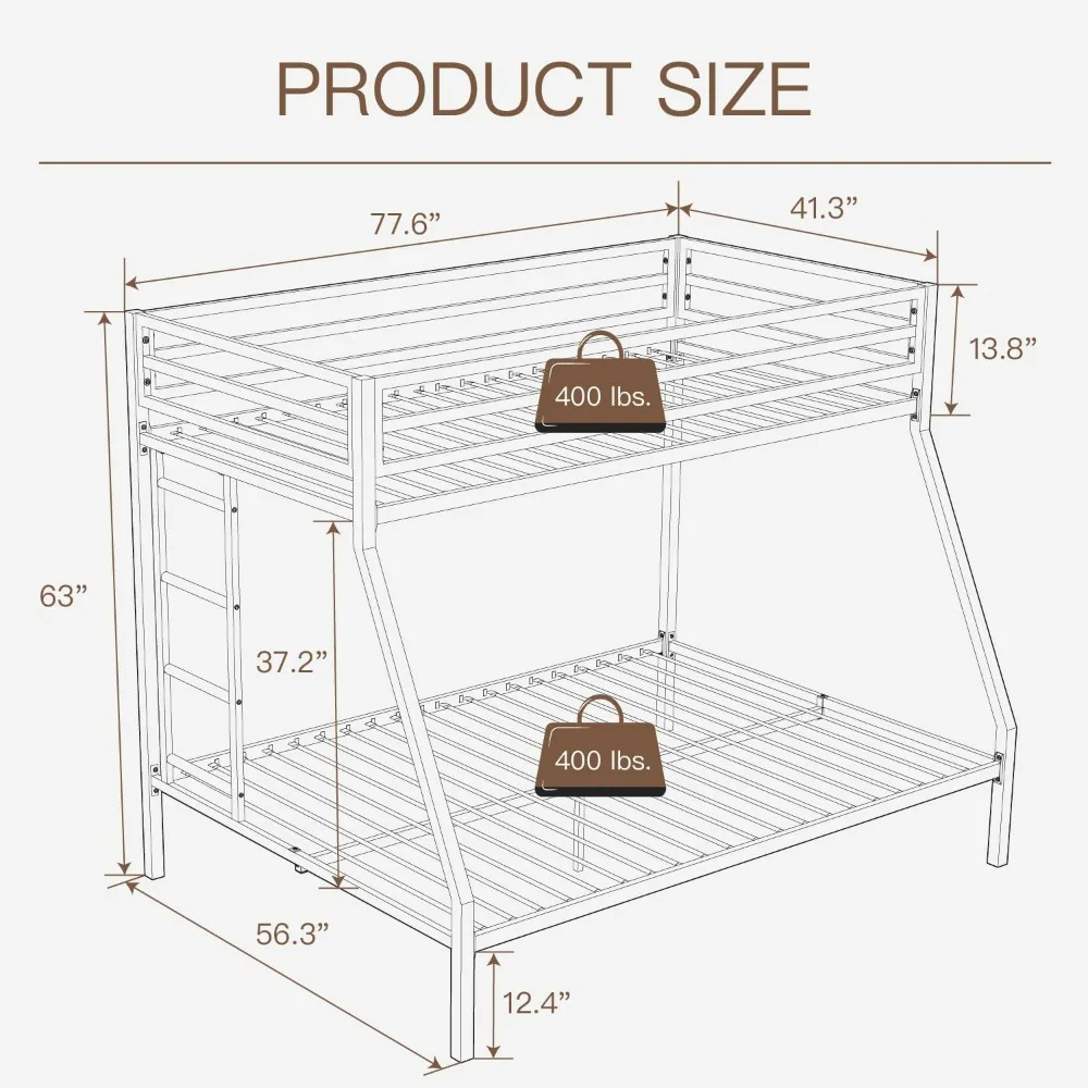 Metal Bunk Bed, Twin Over Full Size Beds with Sturdy Guard Rail & Removable Ladder, Space-Saving/Noise-Free,Bunk Bed