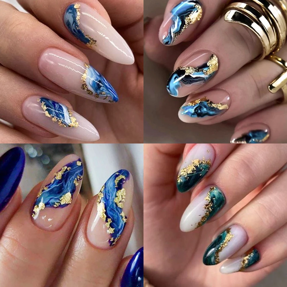 Autocollant pour ongles ligne ondulée dorée 3D, marbre bleu, géométrie, fleurs abstraites, curseur pour Nail Art, feuilles de décalcomanies, décorations de manucure CHTH