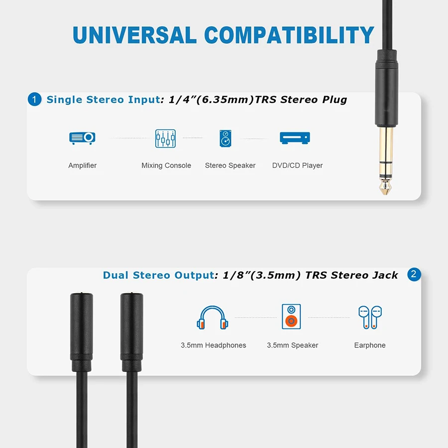 6.35mm 1/4 Cal TRS do podwójnego 3.5mm Adapter gniazda Jack 6.35 1 do 2 Y kabel splittera przewód Audio Aux do wzmacniacza głośników mikser